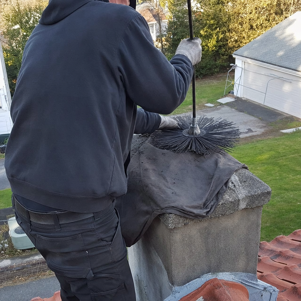 Professional chimney sweep cleaning a fireplace flue on a residential roof
