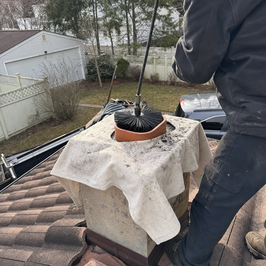 Professional chimney sweep cleaning a residential chimney flue from the roof
