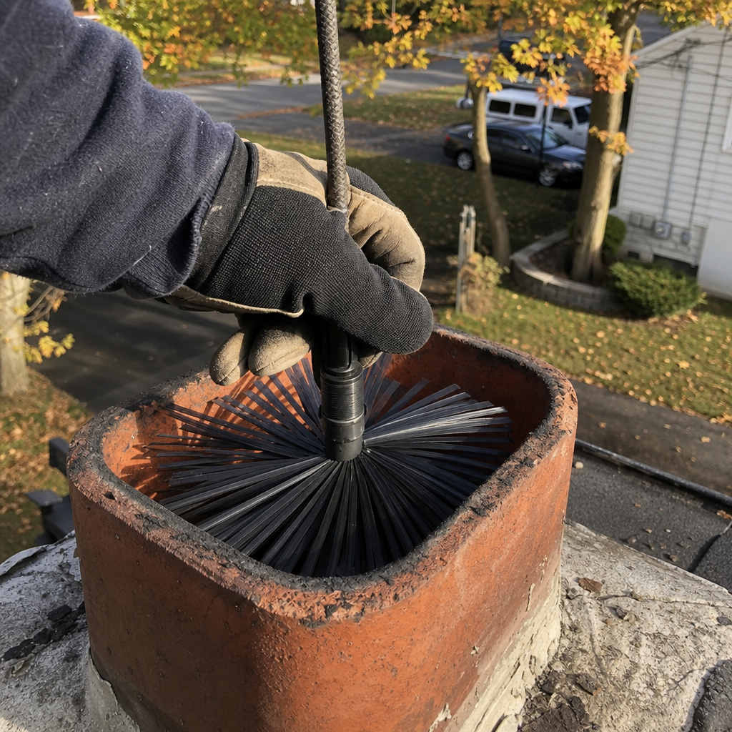 Professional chimney sweep cleaning a brick chimney with a rotary brush.