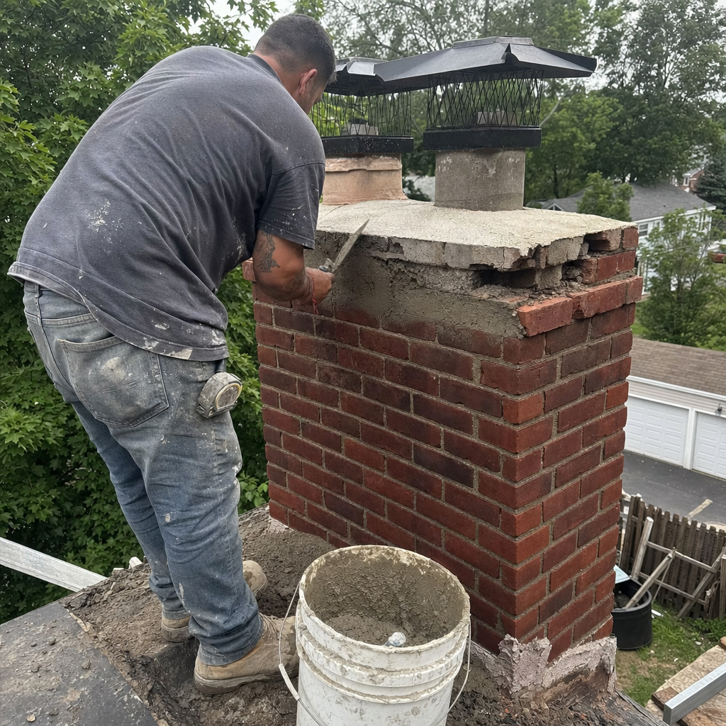 Professional mason performing chimney brick repair and mortar work on roof