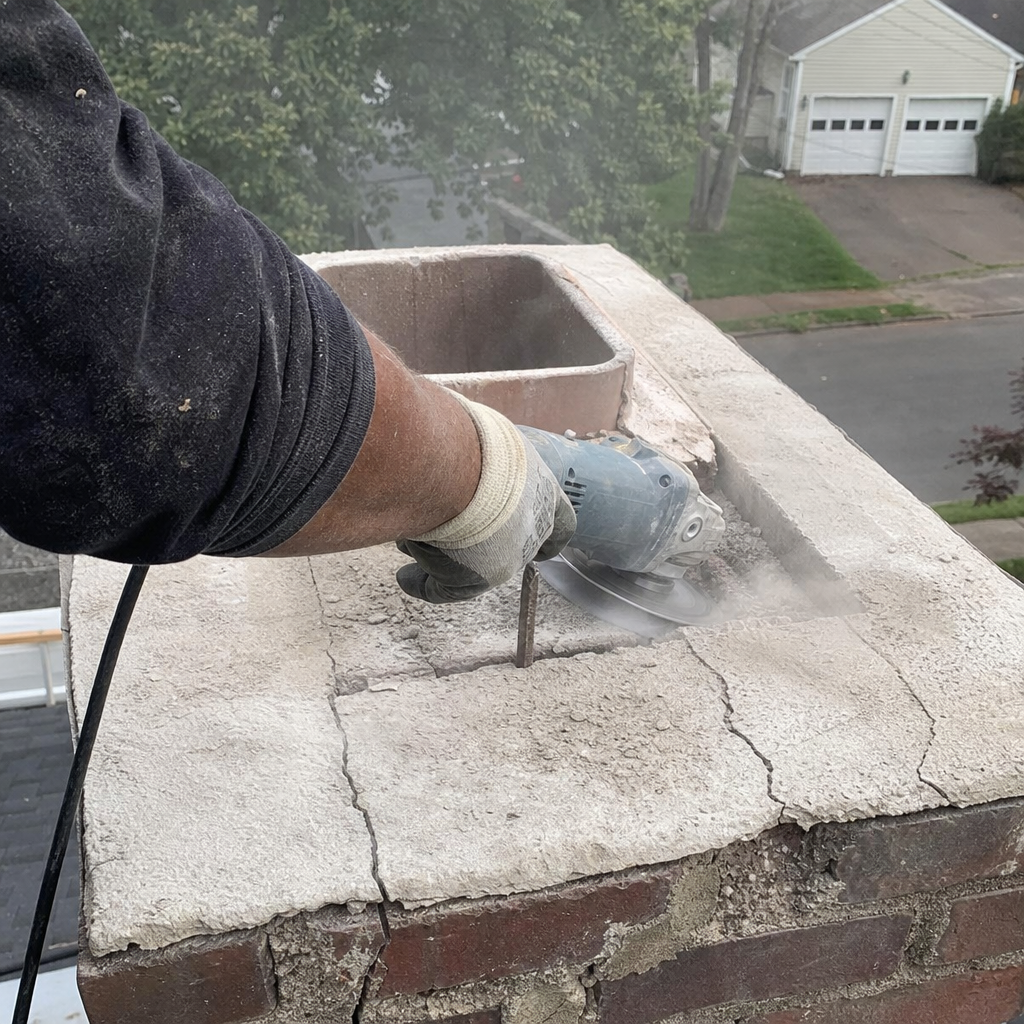 professional chimney repair using an angle grinder to remove cracked mortar