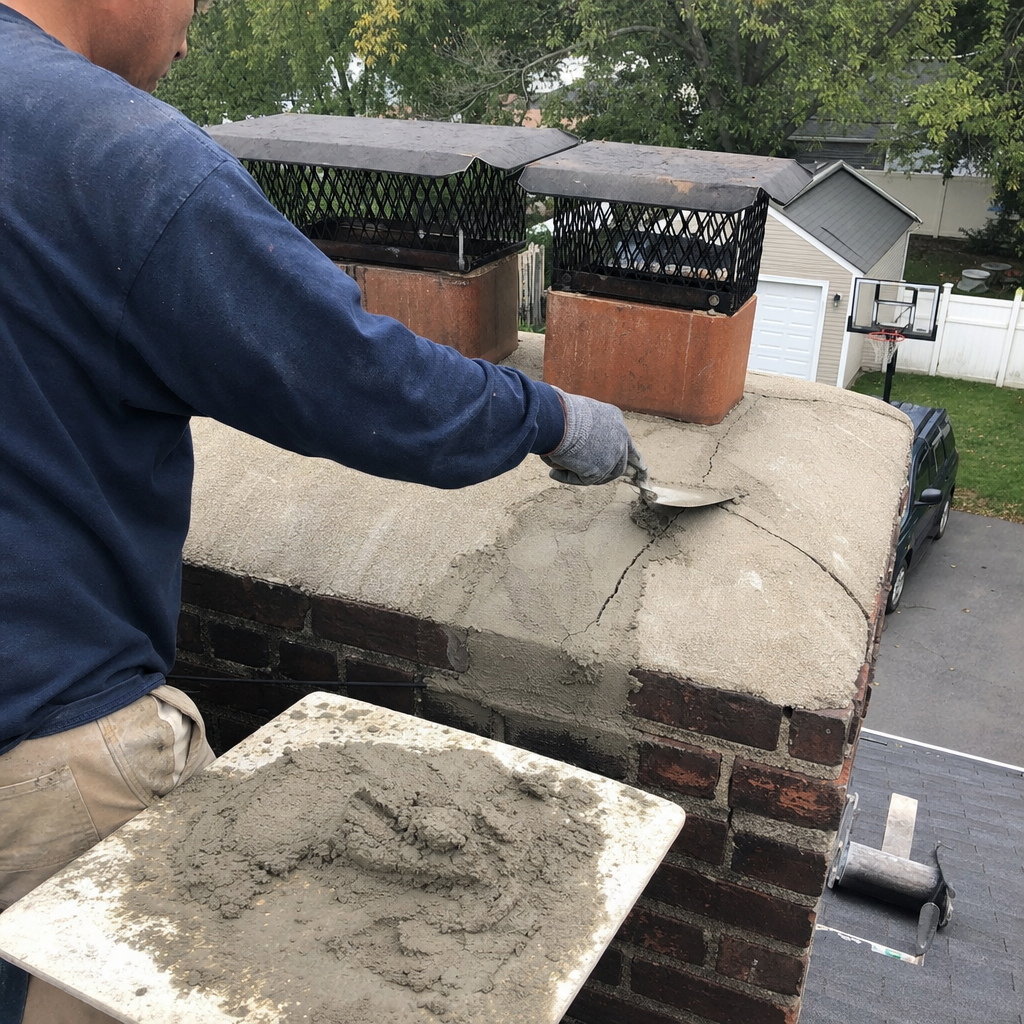 Professional technician repairing a damaged brick chimney crown with fresh mortar