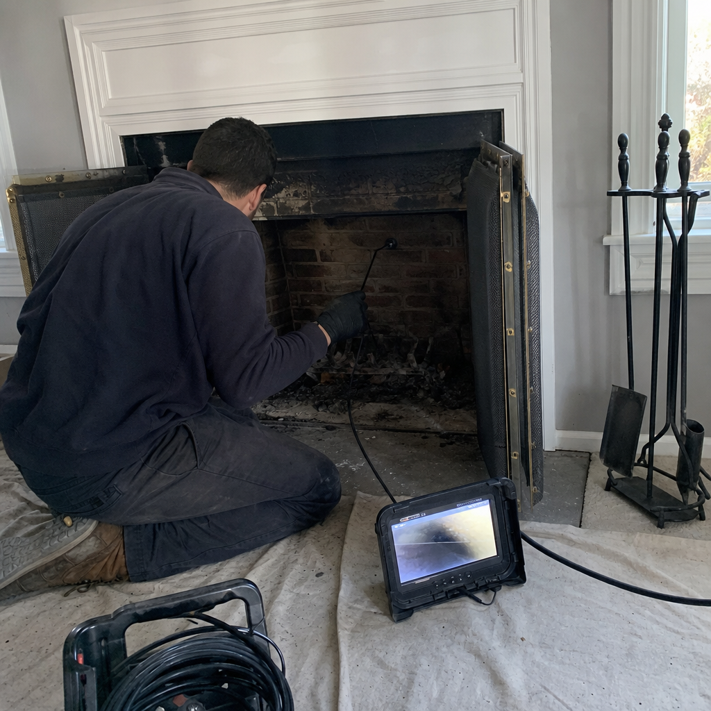Professional chimney sweep performing a video fireplace inspection