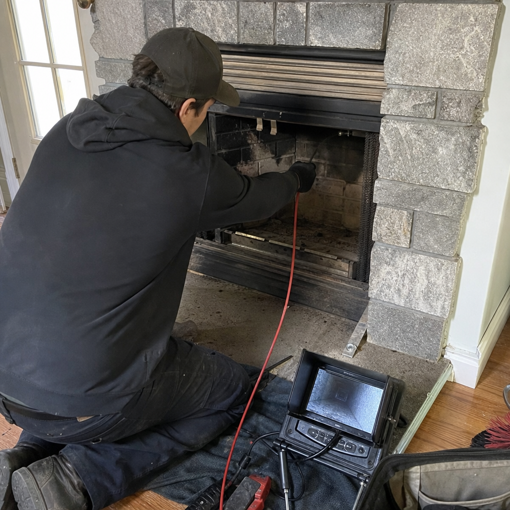 Technician using a chimney inspection camera inside a residential fireplace.