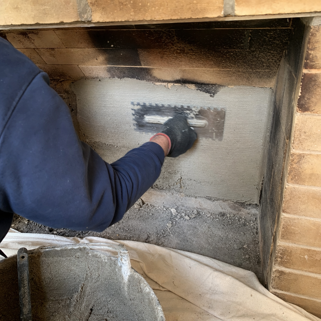 Professional applying mortar to a fireplace firebox for repair